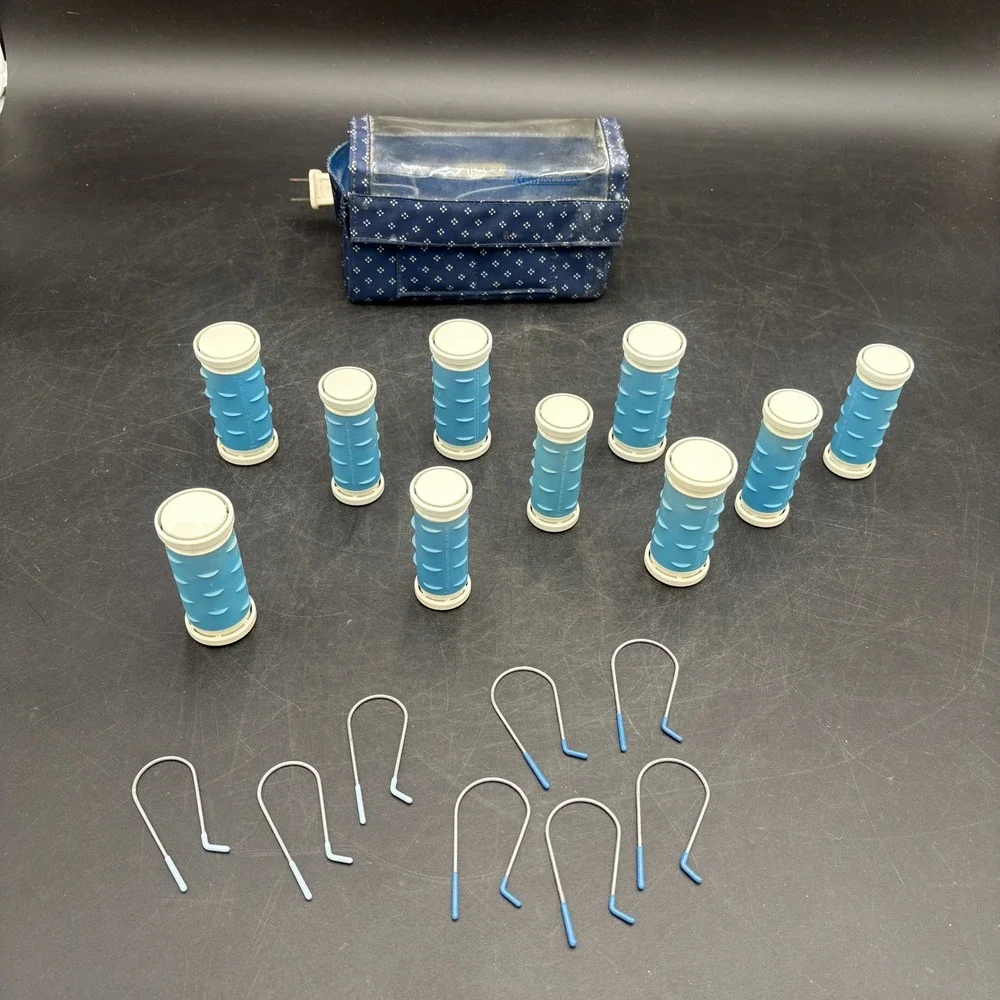 Remington Travel Hair Roller Set 10 Piece Blue Polka Dot Heated Case Clips